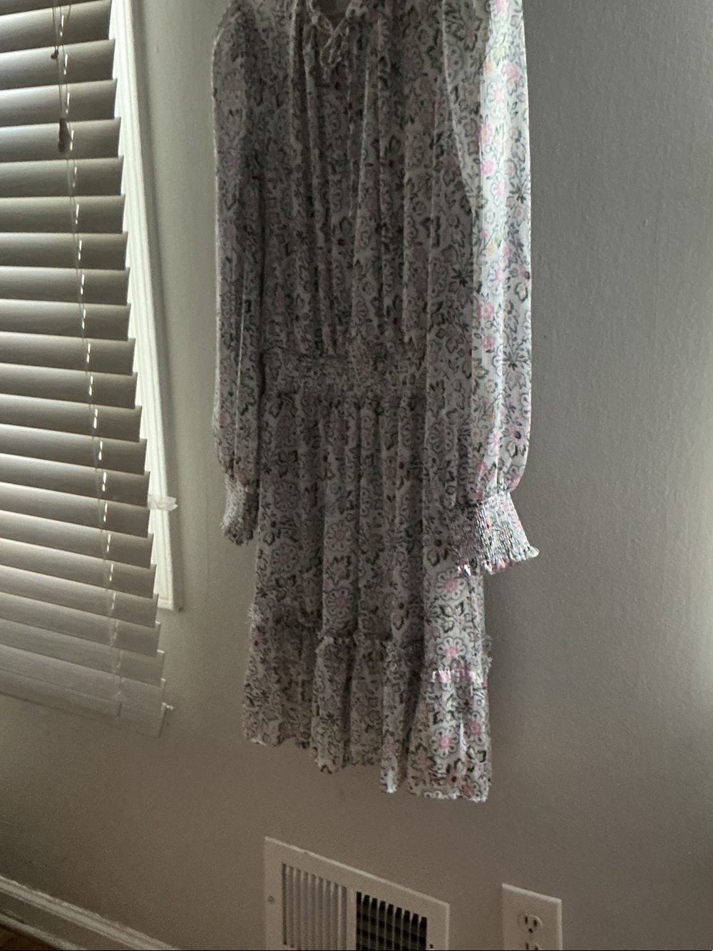 CeCe Light Gray Paisley Long-Sleeve Tiered Midi Dress with Pink Details